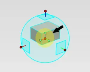 De IronCAD TriBall met centrale handle en assen, gebruikt voor het nauwkeurig positioneren en oriënteren van een 3D-onderdeel.