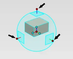 De IronCAD TriBall met gemarkeerde buitenste hendels, gebruikt om onderdelen te verplaatsen, kopiëren en patronen te maken in een 3D-ontwerp.