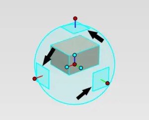 De IronCAD TriBall met gemarkeerde buitenste vlakken, gebruikt om onderdelen in twee richtingen tegelijk te verplaatsen binnen een 3D-ontwerp.