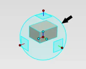 De IronCAD TriBall met gemarkeerde buitenste ring, gebruikt om onderdelen in vaste hoeken te roteren binnen een 3D-ontwerp.
