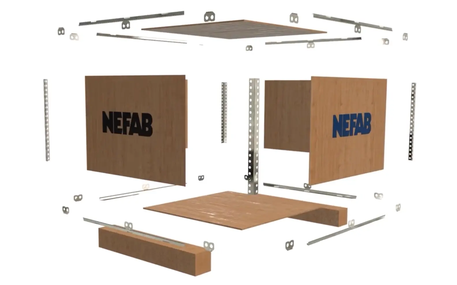 Vue éclatée d'un module d'emballage en bois NEFAB avec les panneaux individuels et les profils de fixation métalliques comme référence de pièce