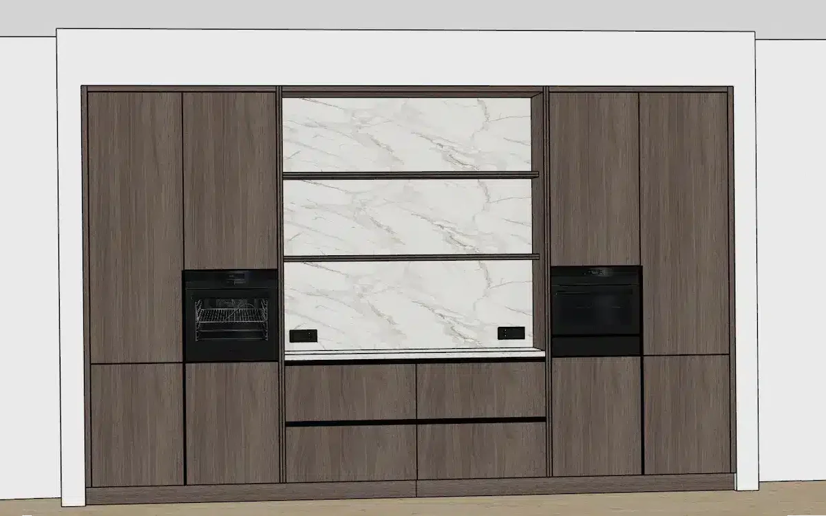 IronCAD-ontwerp van een hoge wandkeukenkast in donker hout, gemaakt door Interieurs Oost.