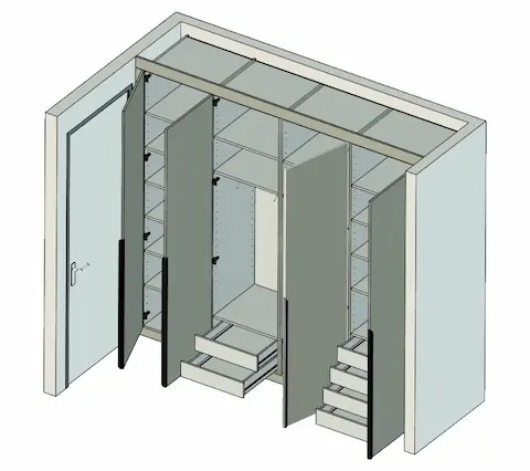 3D-tekening van een maatwerk kledingkast met draaideuren, legplanken, lades en hanggedeeltes, geplaatst naast een binnendeur.