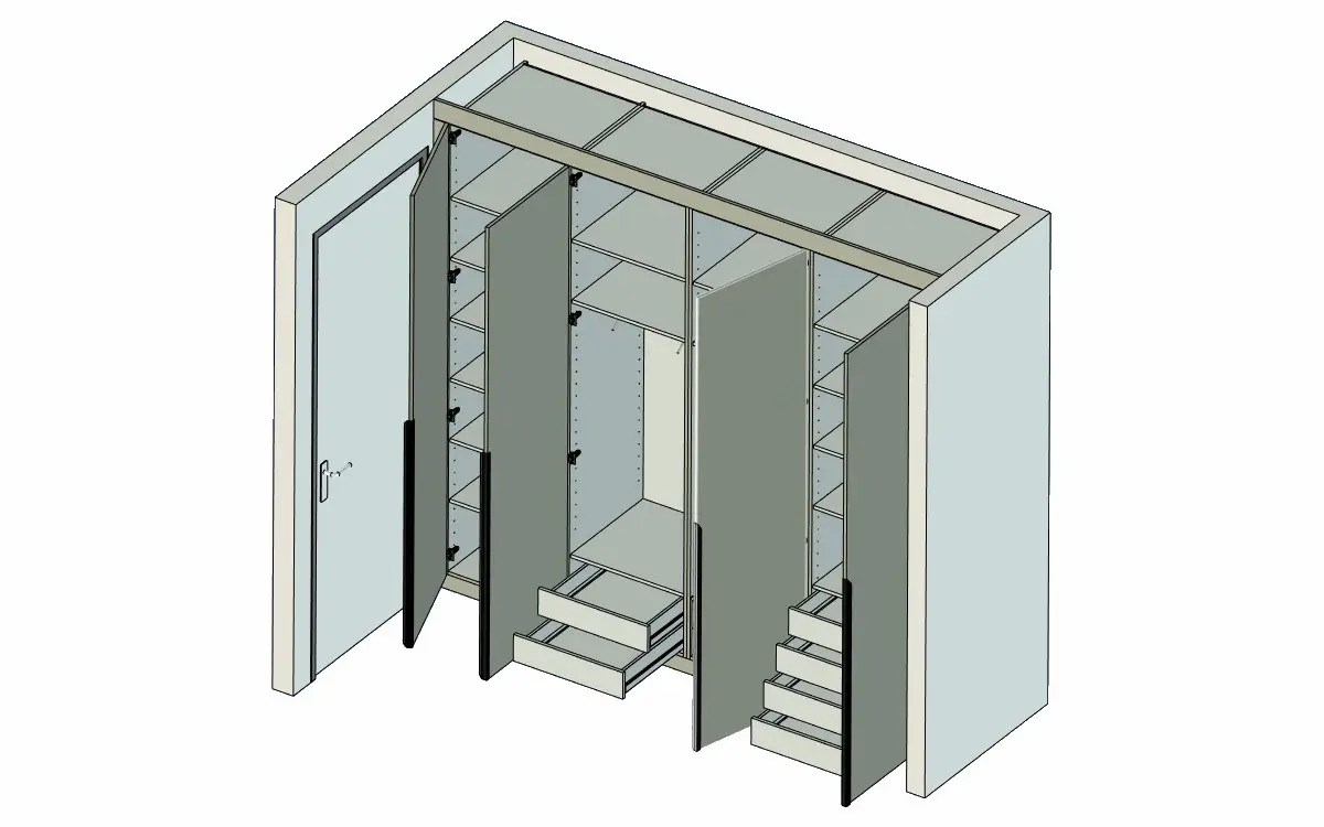 Maatwerk ontwerp van een kastenwand met vele lades, gemaakt door de werkvoorbereider.