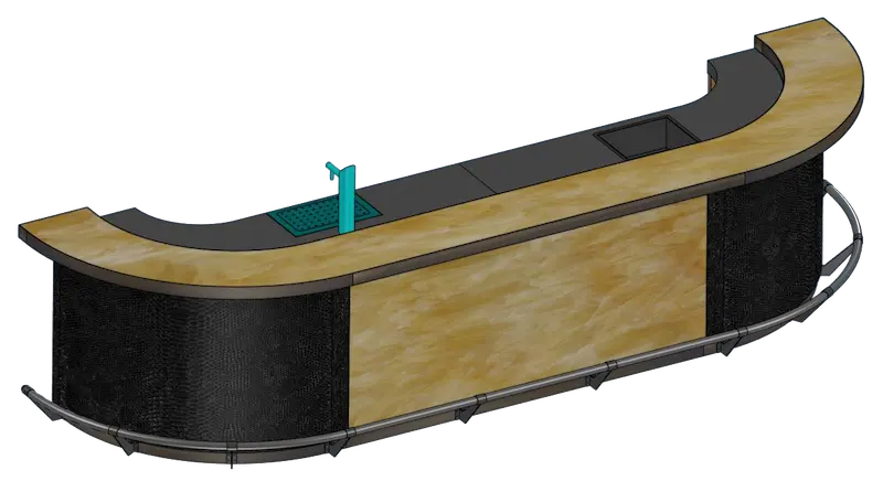 3D ontwerp van een maatwerk horeca bar met gebogen fronten, ontworpen door Nijboer Interieur & Design in IronCAD.