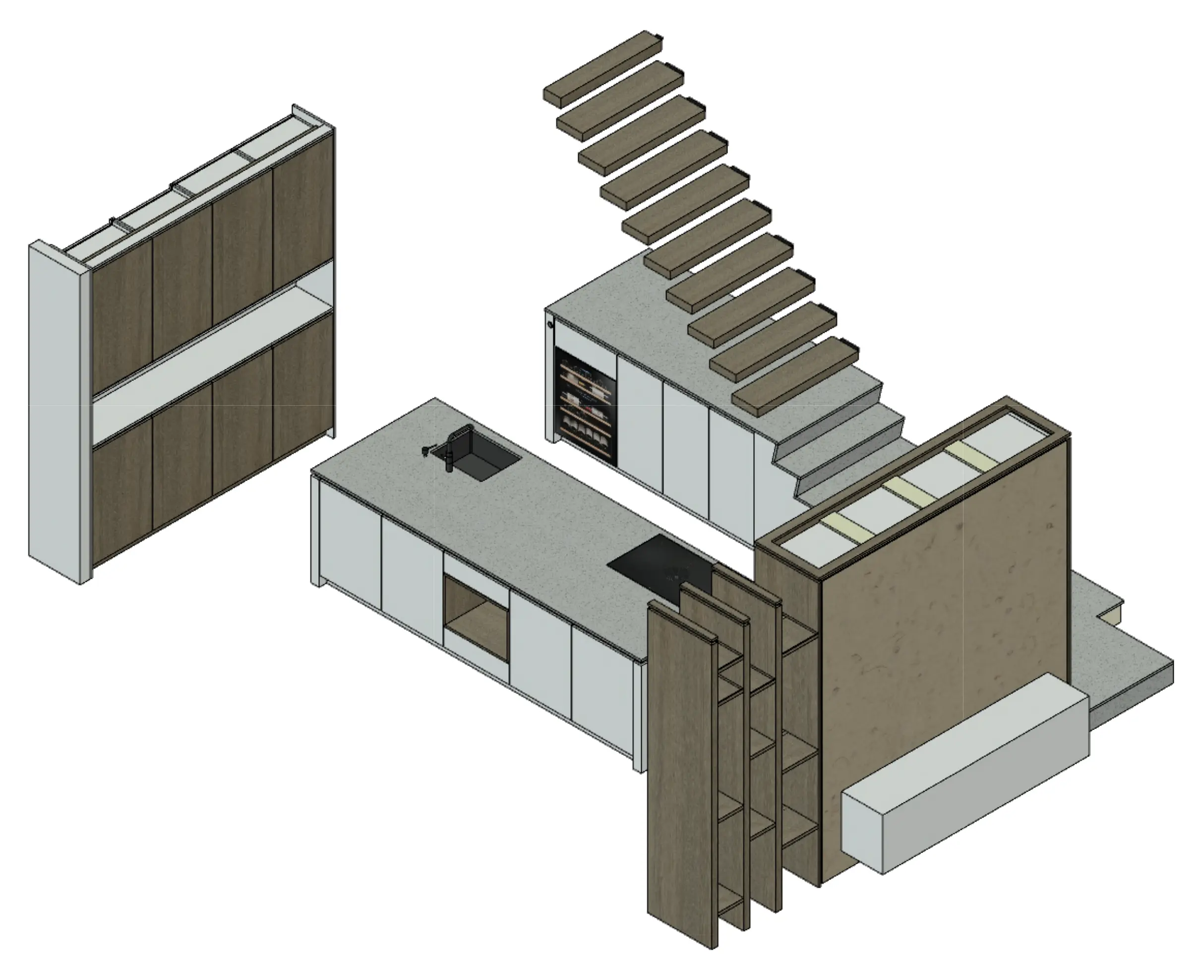 3D-tekening van een moderne keuken met kastenwand, kookeiland, trap en houten opbergpanelen, ontworpen door Van der Lee Interieurbouw