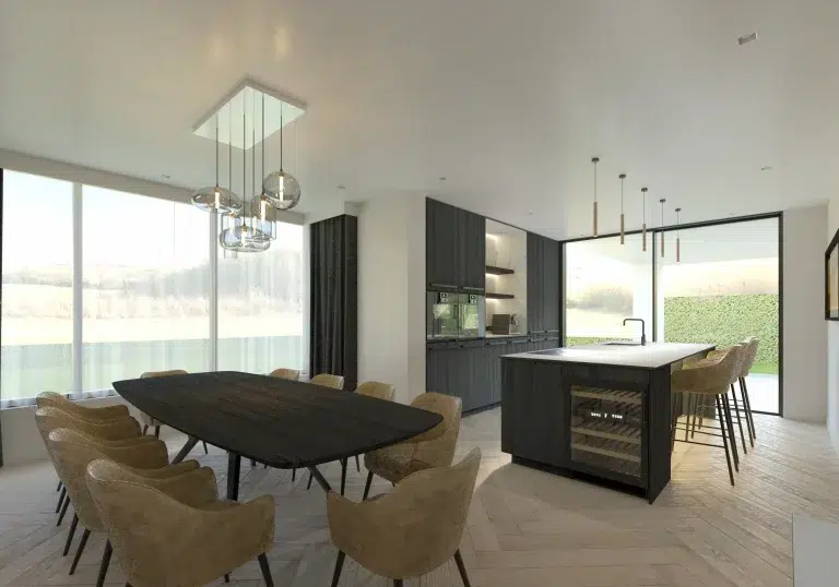 Modern sleek kitchen with dark wood, herringbone floor and white walls, created in IronCAD