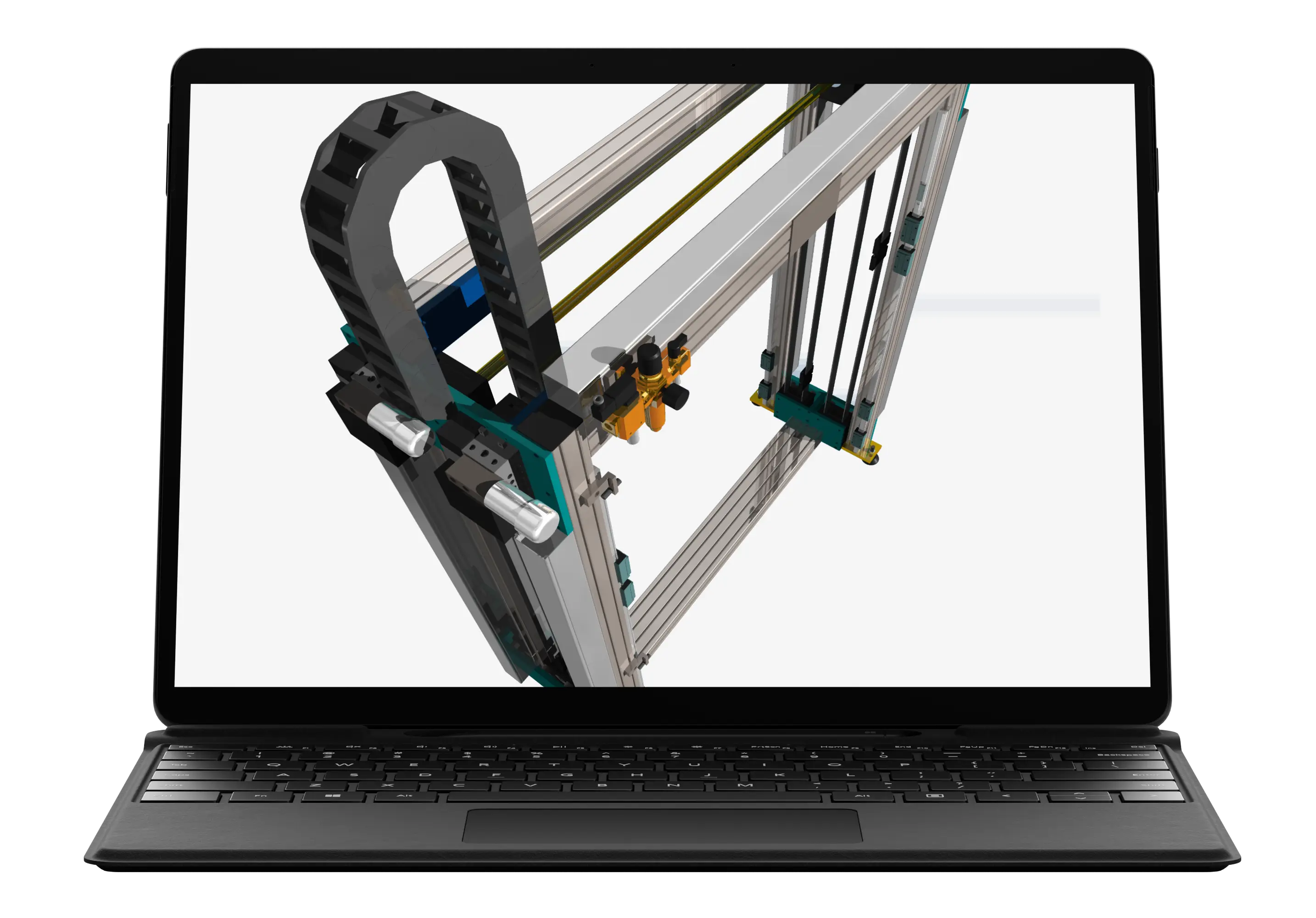 Laptop met machine ontworpen in IronCAD.