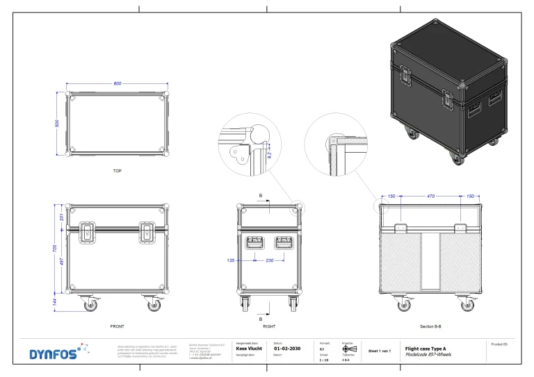 2D technical drawing of flight case Type A (857-Wheels) with views, section, details and 3D impression, including dimensions at 1:10 scale.