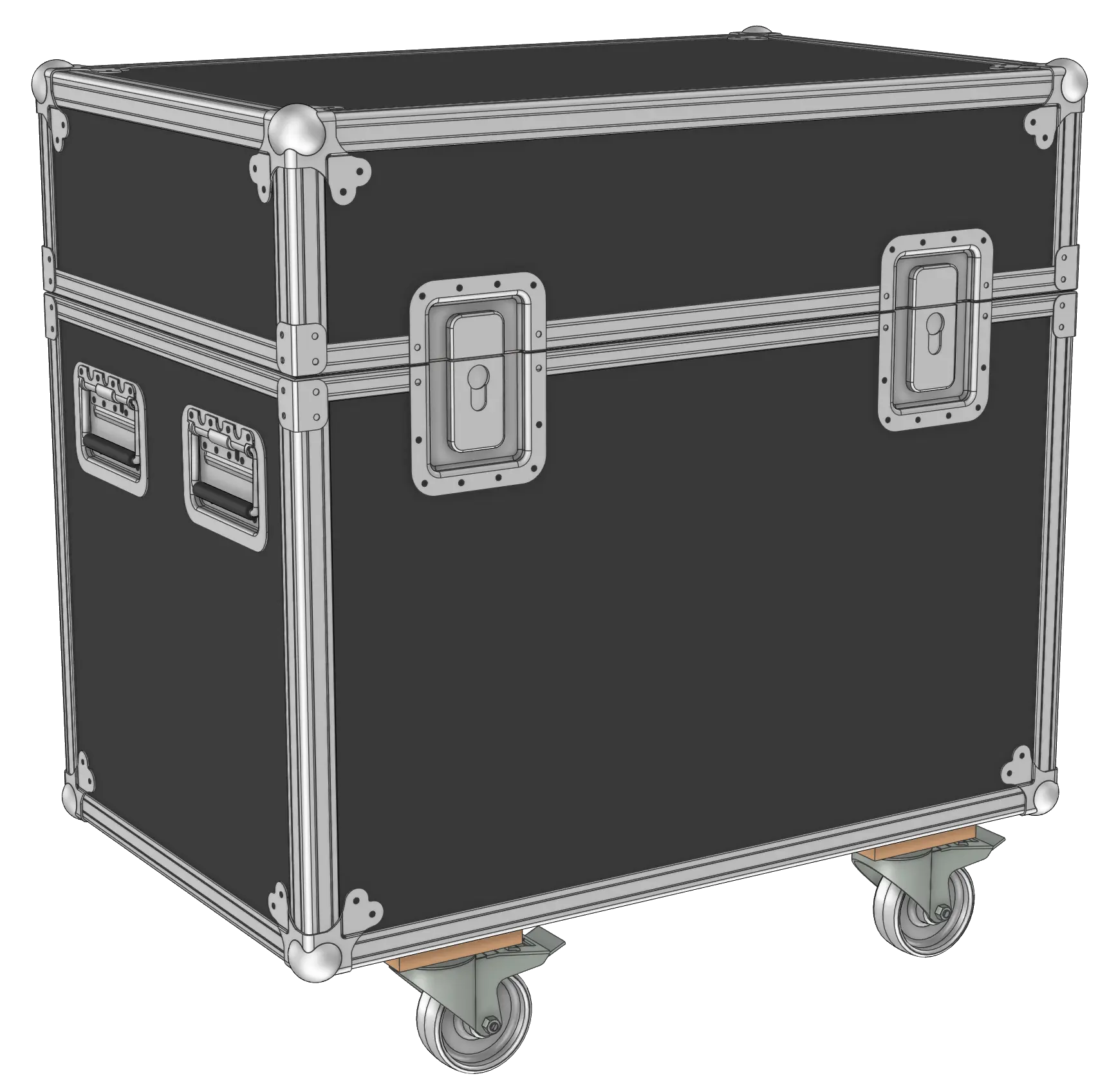3D-model van een robuuste flightcase op zwenkwielen, voorzien van metalen profielen, beschermhoeken, verzonken handgrepen en vlindersloten voor veilig transport van apparatuur.