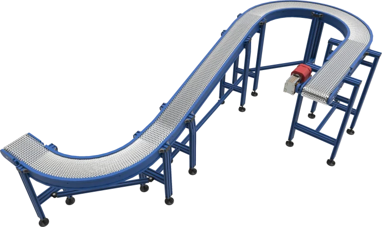 Conception 3D d'une bande transporteuse bleue avec une courbe en S, un cadre métallique et entraînée par un moteur rouge.