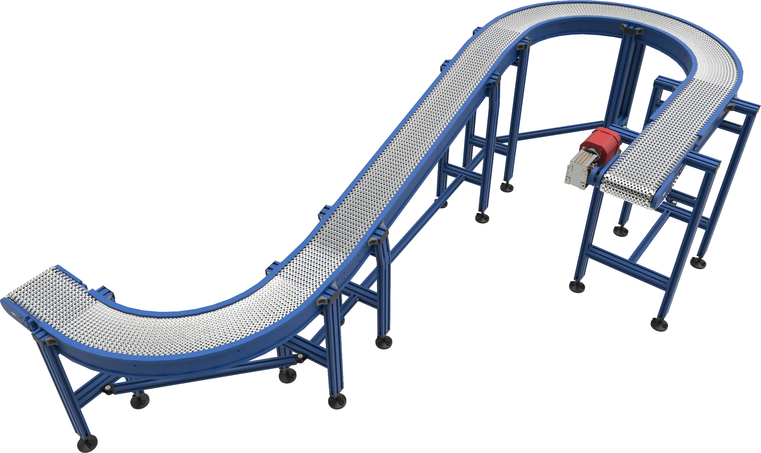 Conception 3D d'une bande transporteuse bleue avec une courbe en S, un cadre métallique et entraînée par un moteur rouge.
