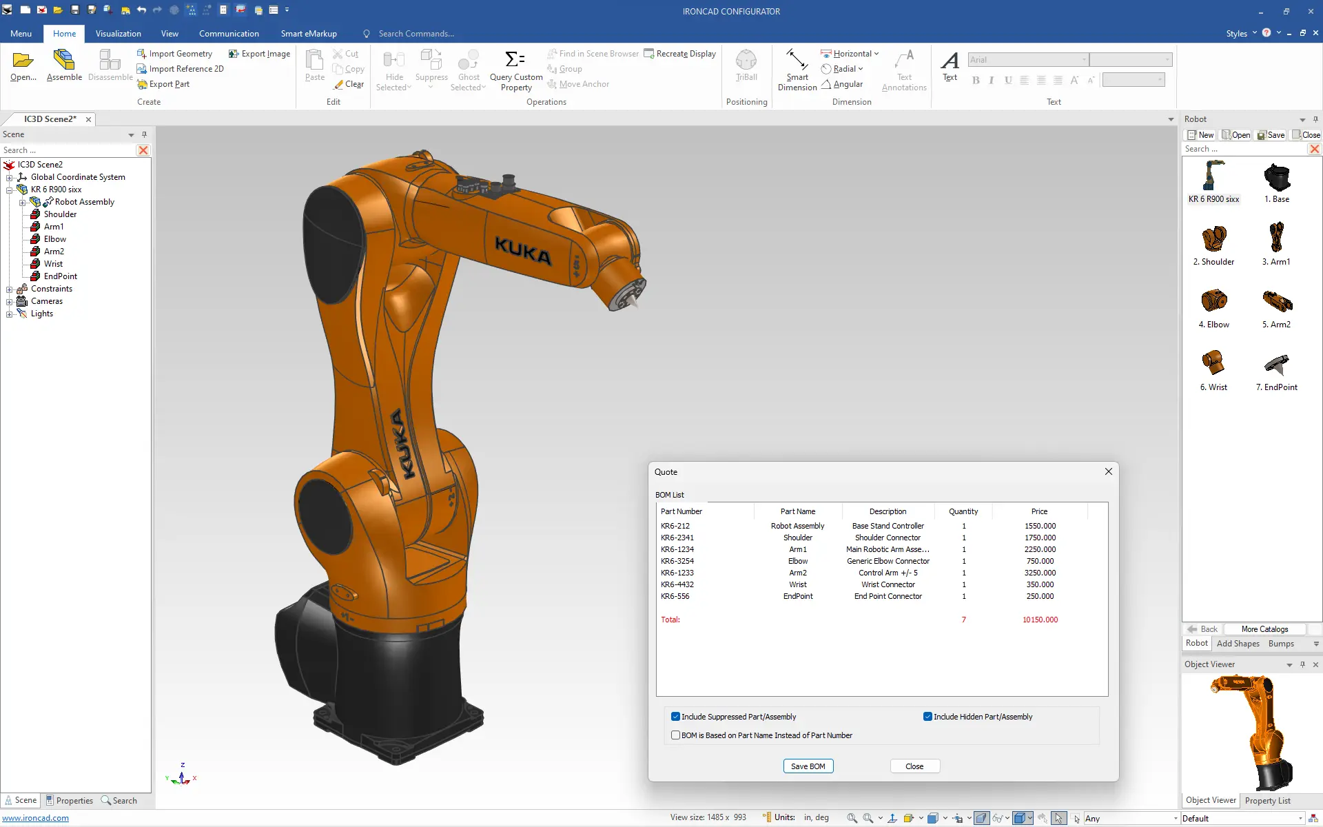 Schermafbeelding van IRONCAD COMPOSE Configurator met een 3D-model van een KUKA industriële robotarm. De interface toont onderdelen zoals schouder, arm en pols, en genereert automatisch een stuklijst (BOM) met aantallen en prijzen.
