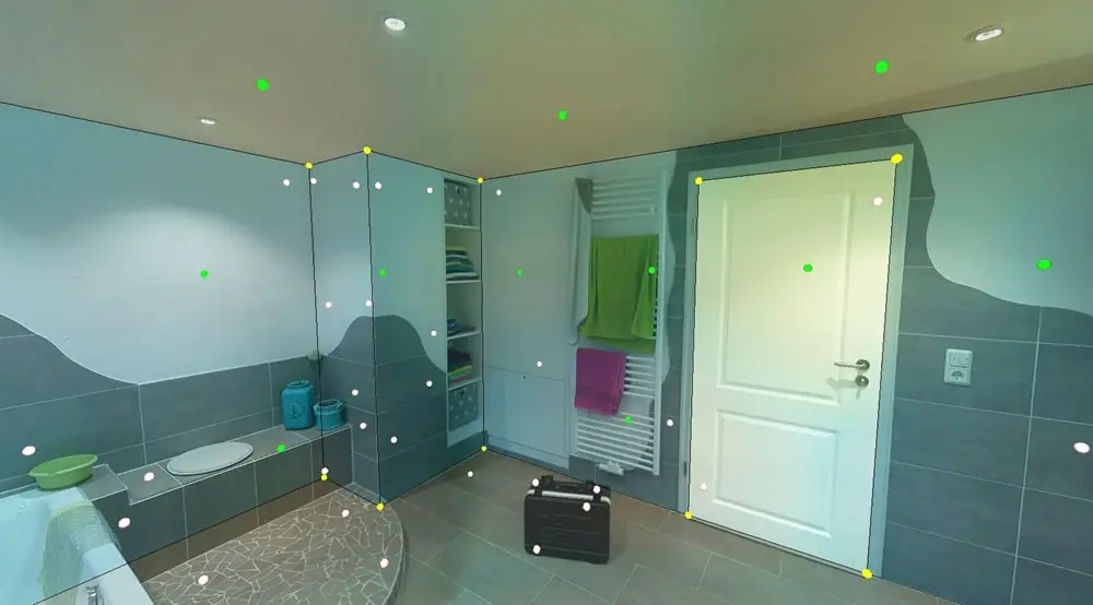 De HottScan-software, waarop een 3D-scan van een badkamer zichtbaar is met meerdere meetpunten en markers.