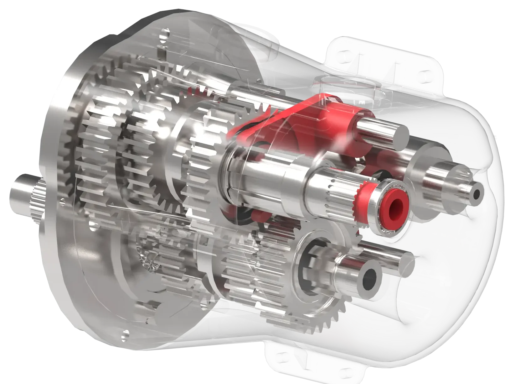 3D design of a metal transmission housing with multiple gears and shafts, partially rendered transparent to make the internal mechanics visible