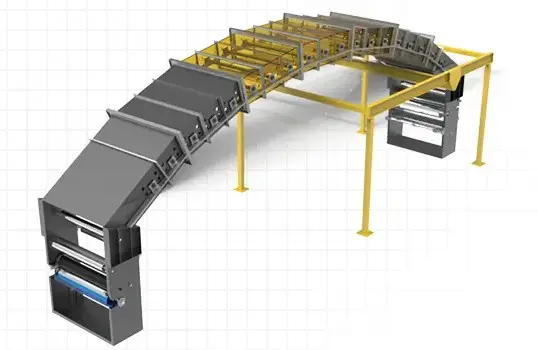 Καμπύλο σύστημα μεταφορέα σχεδιασμένο στο IronCAD 2026, με ακριβή κατασκευή πλαισίου και ρεαλιστική απόδοση υλικών.