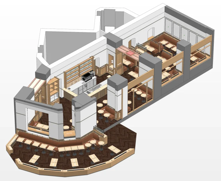 Isometric 3D model of a hospitality project designed in IronCAD, illustrating the application of 3D work preparation at Redie Interiors.
