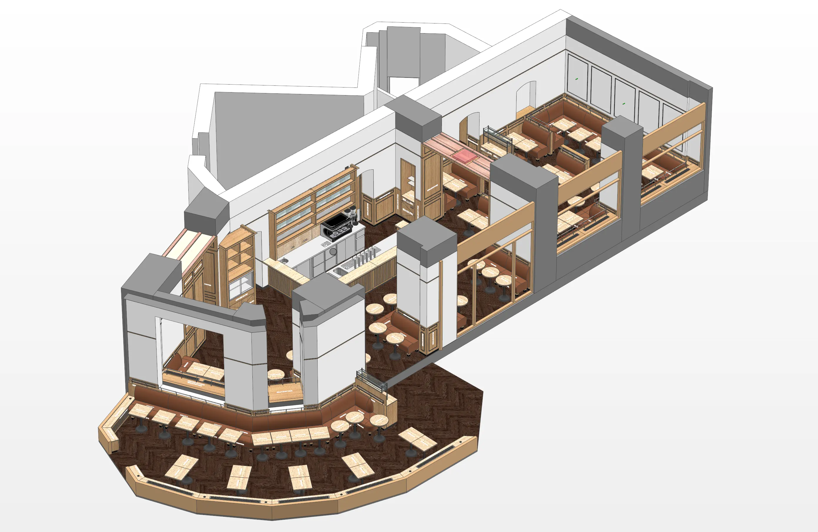 Isometrisch 3D-model van een horecaproject ontworpen in IronCAD, ter illustratie van de toepassing van 3D-werkvoorbereiding bij Redie Interieurs.