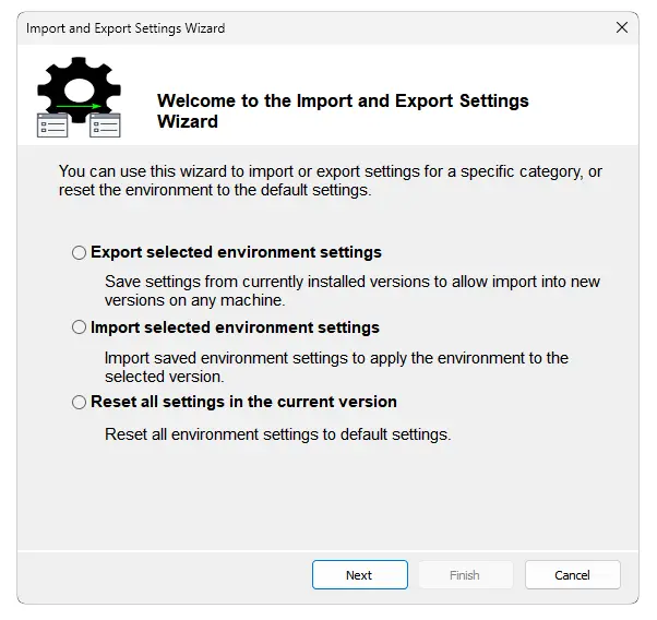 Παράθυρο "Οδηγός εισαγωγής και εξαγωγής ρυθμίσεων" με τρεις επιλογές: εξαγωγή επιλεγμένων ρυθμίσεων περιβάλλοντος, εισαγωγή αποθηκευμένων ρυθμίσεων και επαναφορά όλων των ρυθμίσεων στις προεπιλεγμένες τιμές. Στο κάτω μέρος υπάρχουν κουμπιά για Επόμενο, Ολοκλήρωση και Άκυρο. 