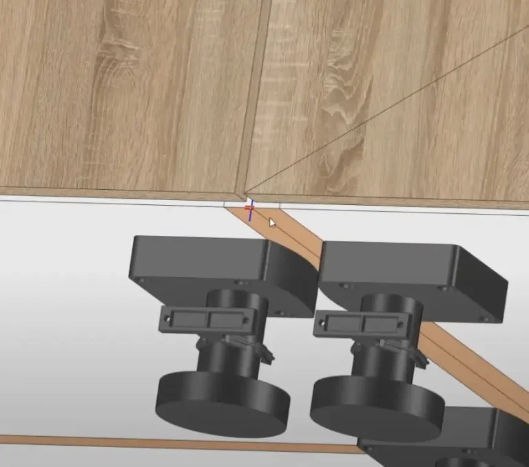 Detailed view in IronCAD of an attachment point aligning two parts, showing attachment components under a wood panel.