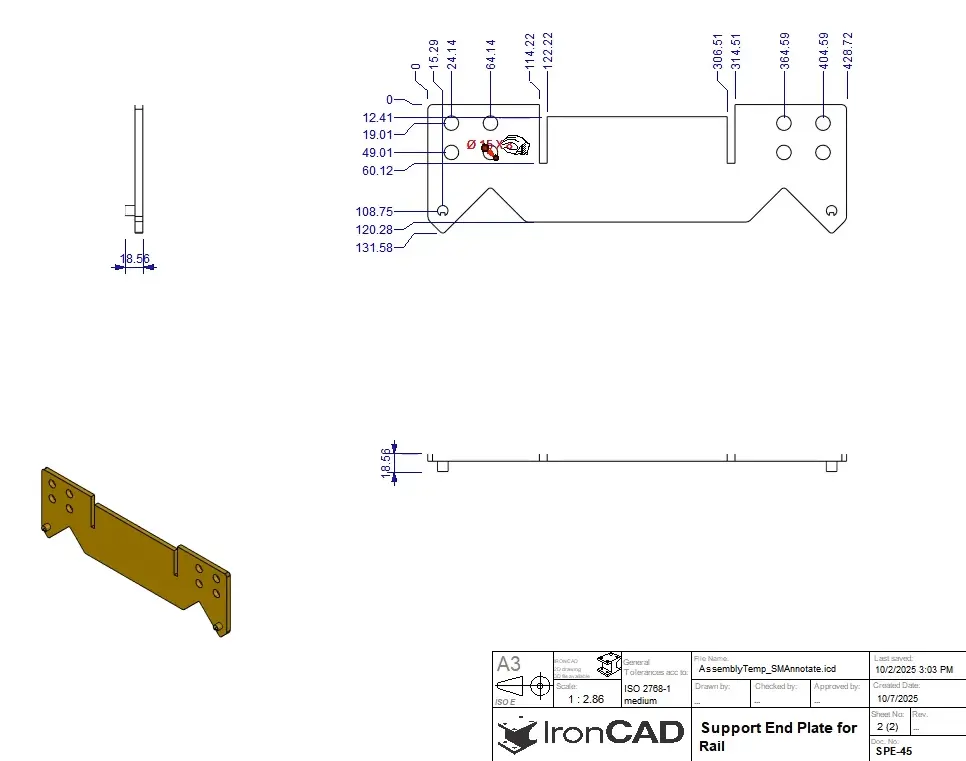 Τεχνικό σχέδιο στο IronCAD μιας μεταλλικής πλάκας στήριξης ("Support End Plate for Rail") με διαστάσεις, ανοχές και τρεις όψεις.