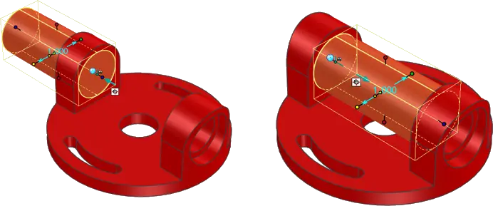 Δύο κόκκινα τρισδιάστατα μοντέλα στο IronCAD που δείχνουν τη λειτουργία της παραμετρικής μοντελοποίησης. Αριστερά ένα κοντό κυλινδρικό εξάρτημα σε στρογγυλή βάση, δεξιά το ίδιο εξάρτημα με εκτεταμένο κύλινδρο, ρυθμίζοντας την παράμετρο μήκους. 