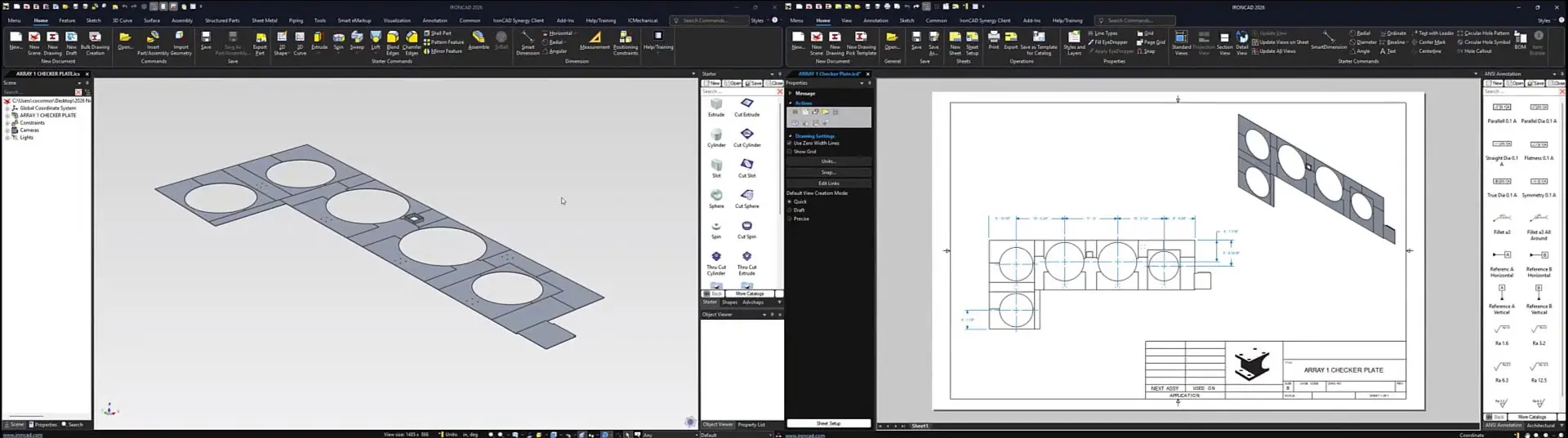 Στιγμιότυπο του IronCAD 2026 που δείχνει δύο παράθυρα δίπλα-δίπλα. Αριστερά εμφανίζεται ένα τρισδιάστατο μοντέλο μιας μεταλλικής πλάκας με κυκλικές εγκοπές, ενώ δεξιά είναι ορατό το αντίστοιχο τεχνικό σχέδιο με τις διαστάσεις και το τετράγωνο τίτλου. 
