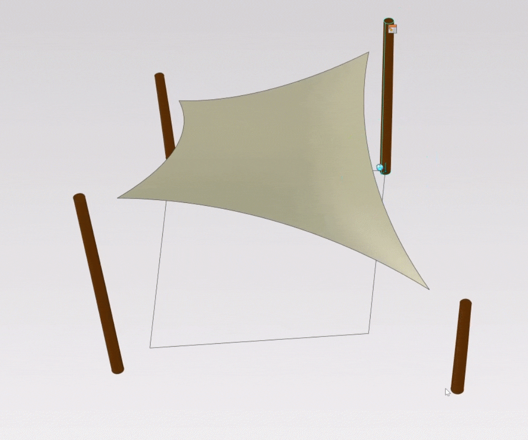 3D-Modell eines Vordachs aus gespanntem Stoff mit vier Holzpfosten, entworfen in IronCAD.