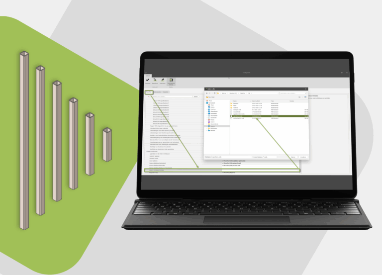 Para-Flex configurator op laptop met voorbeeld van variabele kolomprofielen en stappen om instellingen te laden in IronCAD