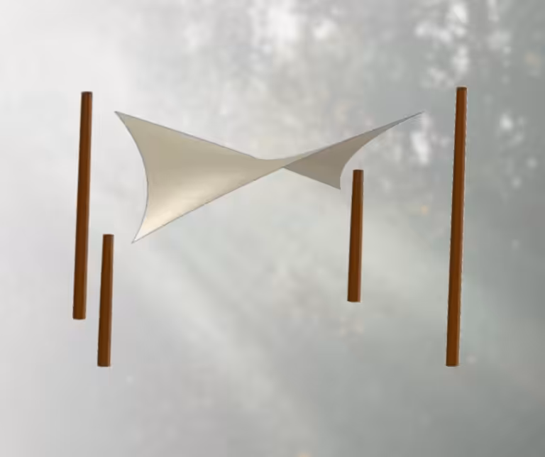 3D-model van een gespannen doekconstructie met vier palen, weergegeven in een lichte natuurlijke achtergrond in IronCAD.
