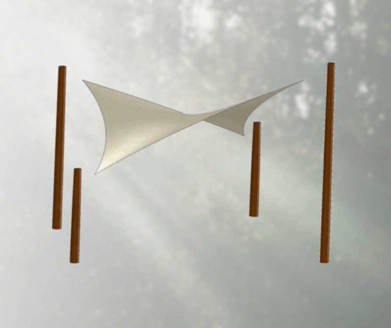 3D model of a tensioned canvas structure with four poles, rendered in a light natural background in IronCAD.