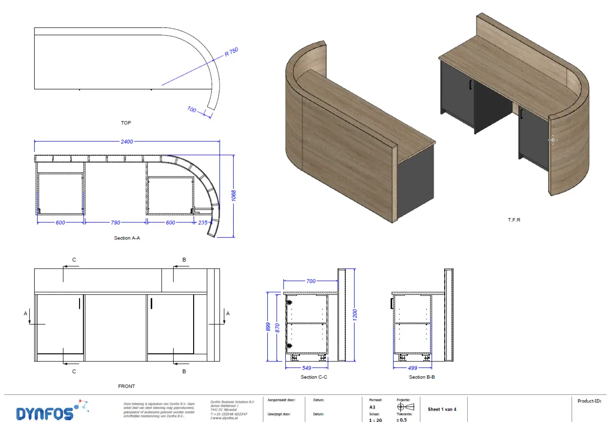 2d tekening Technische tekening en 3D-weergave van een halfronde houten balie met onderkasten.