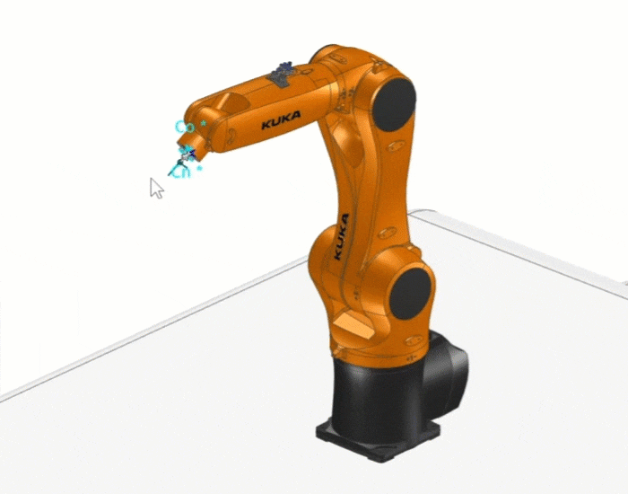 Prototyping GIF robotic arm An orange KUKA robot arm that stands on a table and moves its arm up and rotates, with the gripper shimmering slightly during animation.