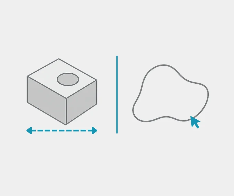 Illustration showing on the left a 3D block with a hole in it and a double-sided arrow below it, and on the right an organic free-form line on which a cursor points; the illustration shows the difference between parametric design and free-form modeling.