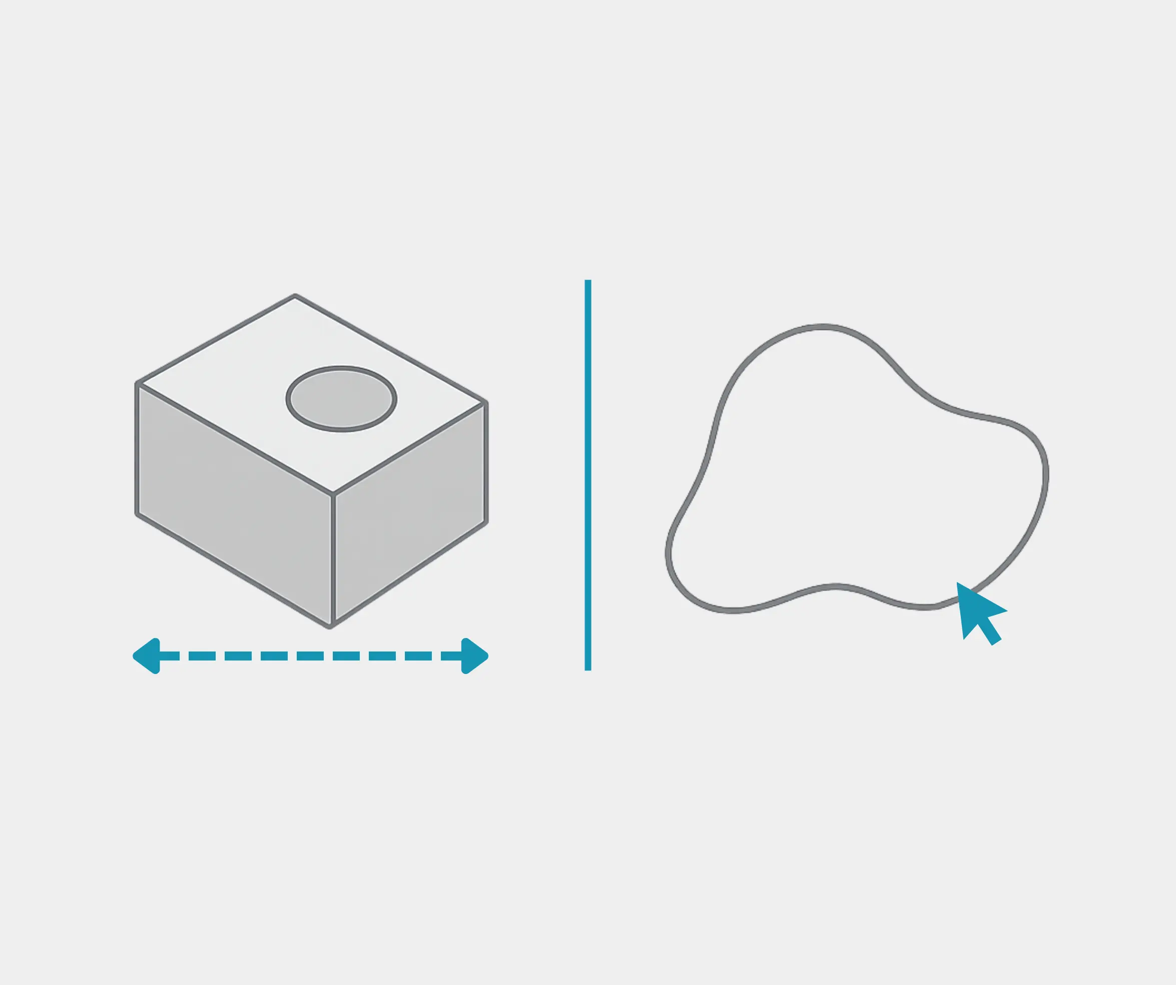 Die Abbildung zeigt auf der linken Seite einen 3D-Block mit einem Loch und einem doppelseitigen Pfeil darunter und auf der rechten Seite eine organische Freiformlinie, auf die ein Cursor zeigt; die Abbildung zeigt den Unterschied zwischen parametrischem Design und Freiformmodellierung.