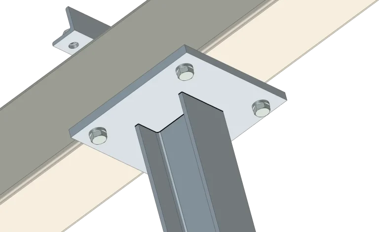 3D CAD-detail van een stalen H-kolom met aansluitplaat en vier boutverbindingen voor bevestiging onder een stalen I-ligger.