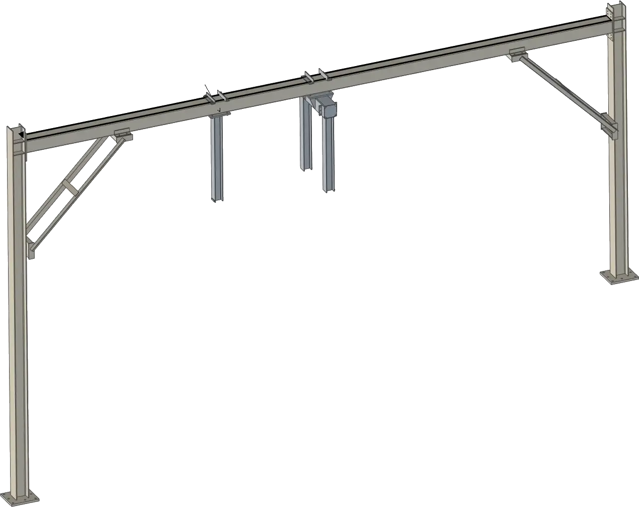 3D ontwerp van een stalen draagconstructie voor stallen of hallen, inclusief liggers, kolommen en verstevigingen in CAD.