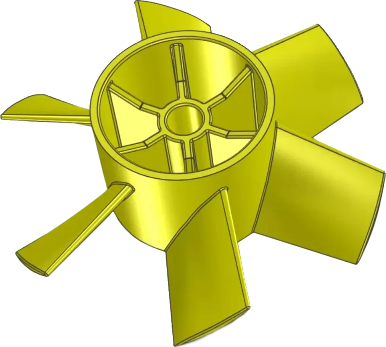 3D model of a yellow turbine or impeller component, designed for prototyping, with six curved blades and a central cylindrical hub with internal reinforcement ribs