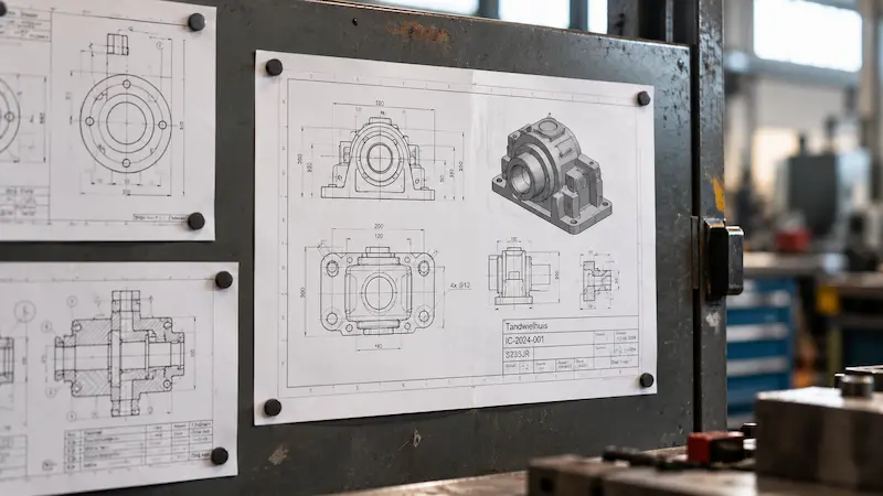 geef alt tekst<br />
Technische CAD-tekeningen met maatvoering en 3D-weergave op een prikbord in een werkplaats.