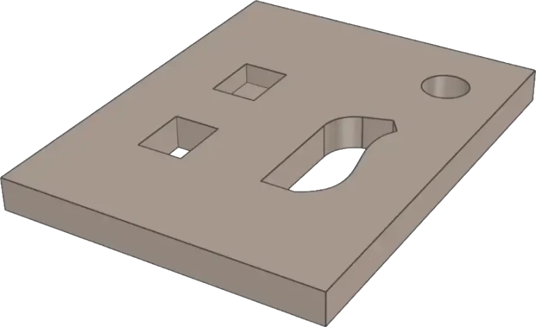 Rechthoekige 3D plaat met vier verschillende uitsparingen, waaronder vierkante, ronde en gebogen vormen