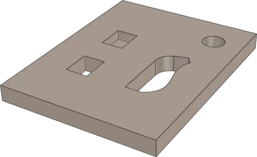 Rectangular 3D plate with four different cutouts, including square, round and curved shapes