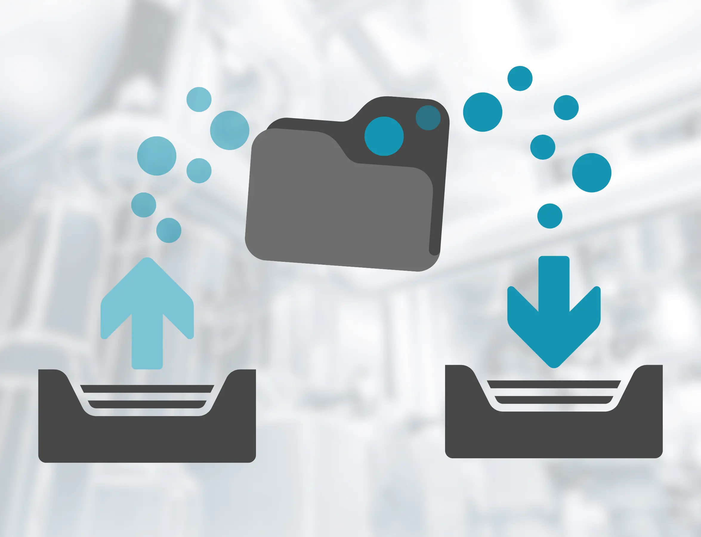 Illustration of a migration process with a folder and arrows for uploading and downloading, showing the transfer of settings between IronCAD versions