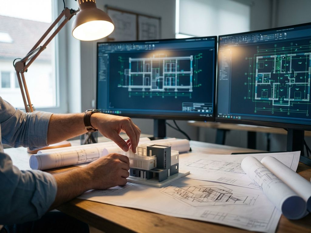 Engineer examining detailed 3D architectural model at workstation with CAD blueprints and technical drawings on dual monitors