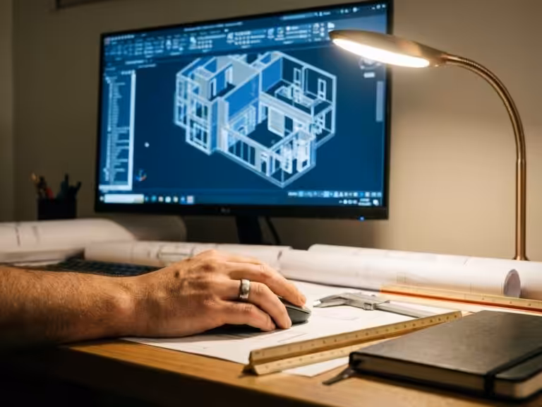 Designer using computer mouse to navigate 3D architectural blueprints on monitor with CAD software and drafting tools on desk