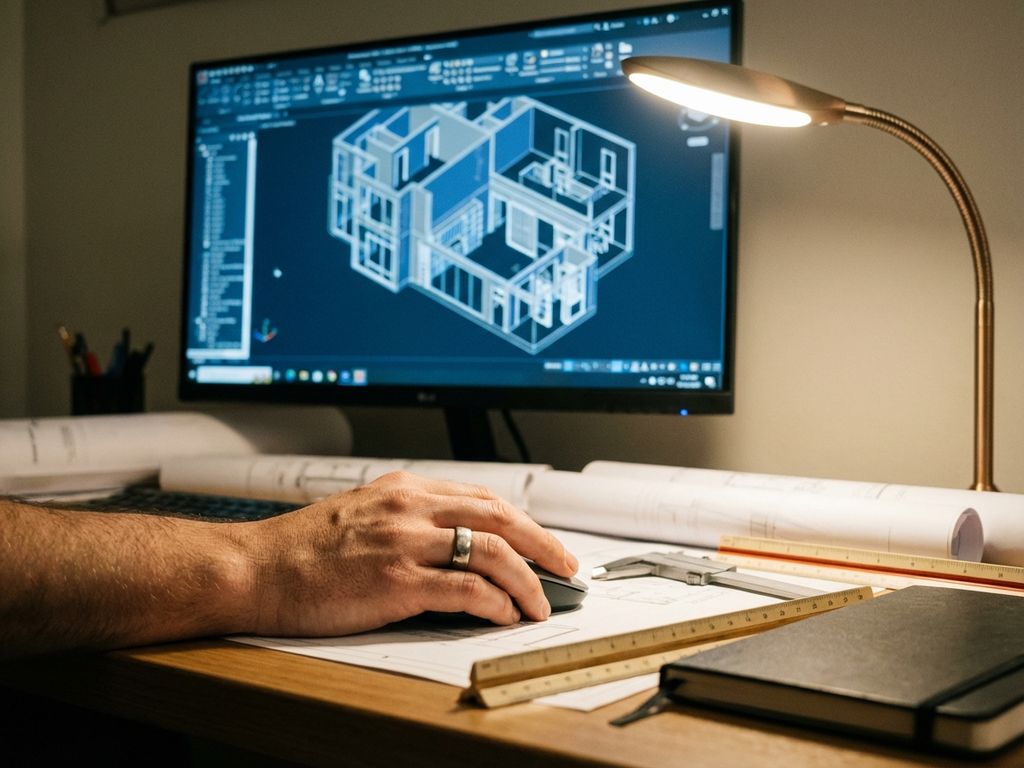 Designer using computer mouse to navigate 3D architectural blueprints on monitor with CAD software and drafting tools on desk