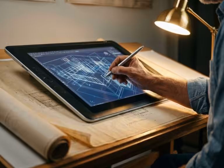 Architect using digital stylus to sketch 3D building schematics on tablet with paper blueprints on drafting table