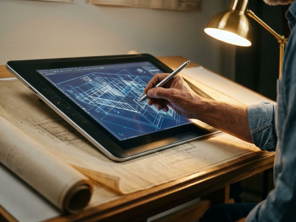 Architect using digital stylus to sketch 3D building schematics on tablet with paper blueprints on drafting table