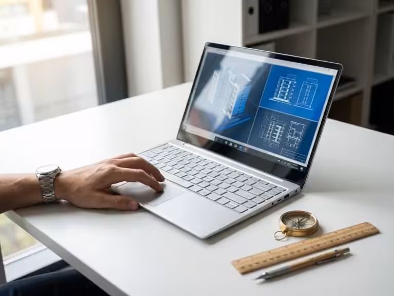 Architect using laptop displaying 3D architectural blueprints with drafting tools on white desk in bright workspace