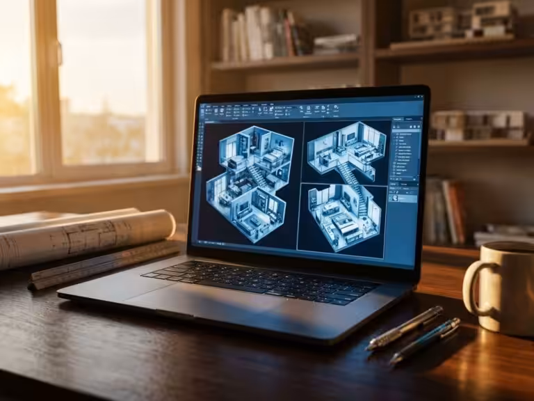 Modern laptop displaying 3D architectural blueprints on wooden desk with drafting tools in naturally lit workspace