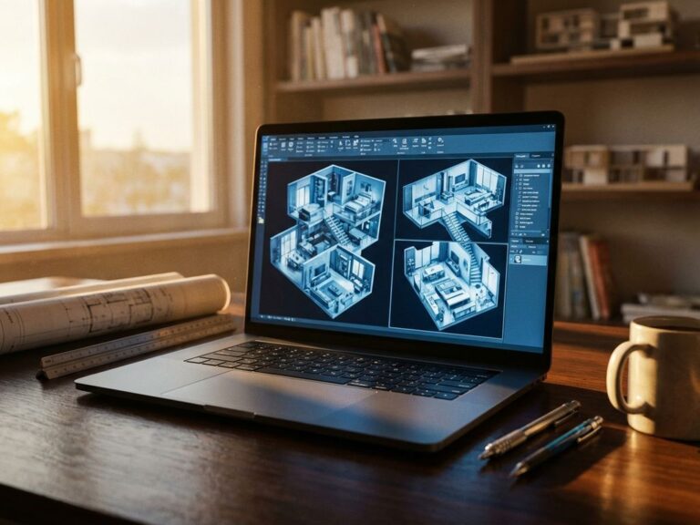 Modern laptop displaying 3D architectural blueprints on wooden desk with drafting tools in naturally lit workspace